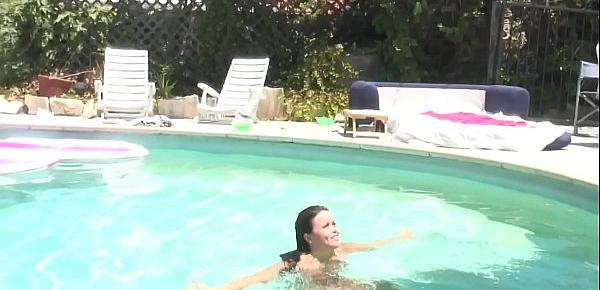  Young housewife gets horny while lying by the pool then stud comes to fuck her